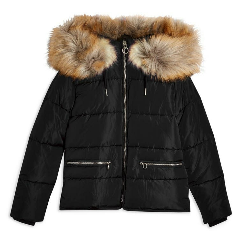 NWT TopShop Faux Fur Trim Puffer Jacket Black
